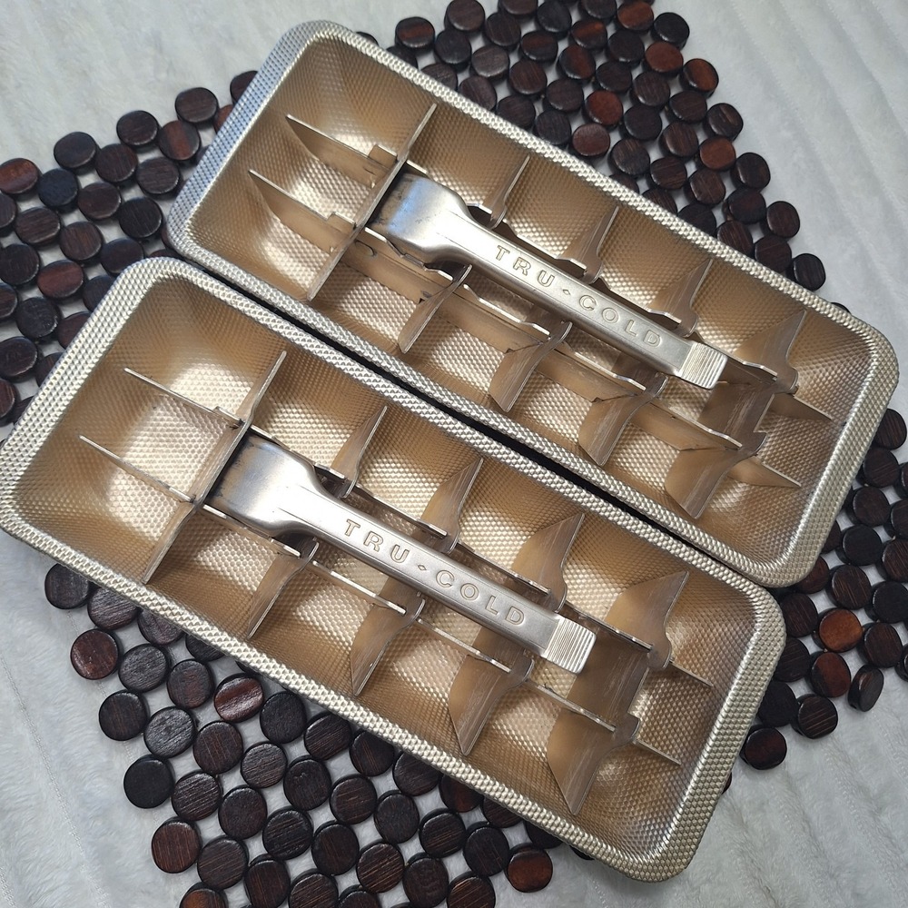 2 Pc Vintage Aluminum Ice Cube Trays Gold Quick Release Adjustable 18 Cube